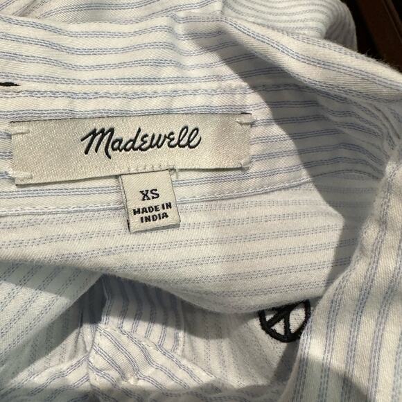 Madewell Womens XS Blue and White Striped Tie Waist Button Up Top Peace Signs - Picture 3 of 6